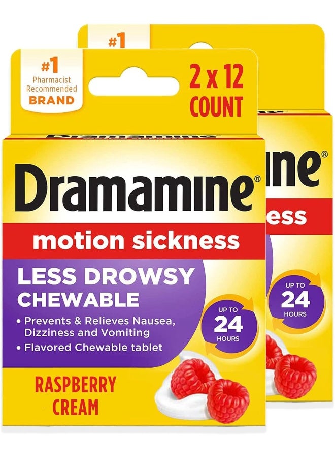 Dramamine All Day Less Drowsy Motion Sickness Relief, Raspberry Cream Flavor, 12 Chewable Tablets, Pack of 2 - Image 1